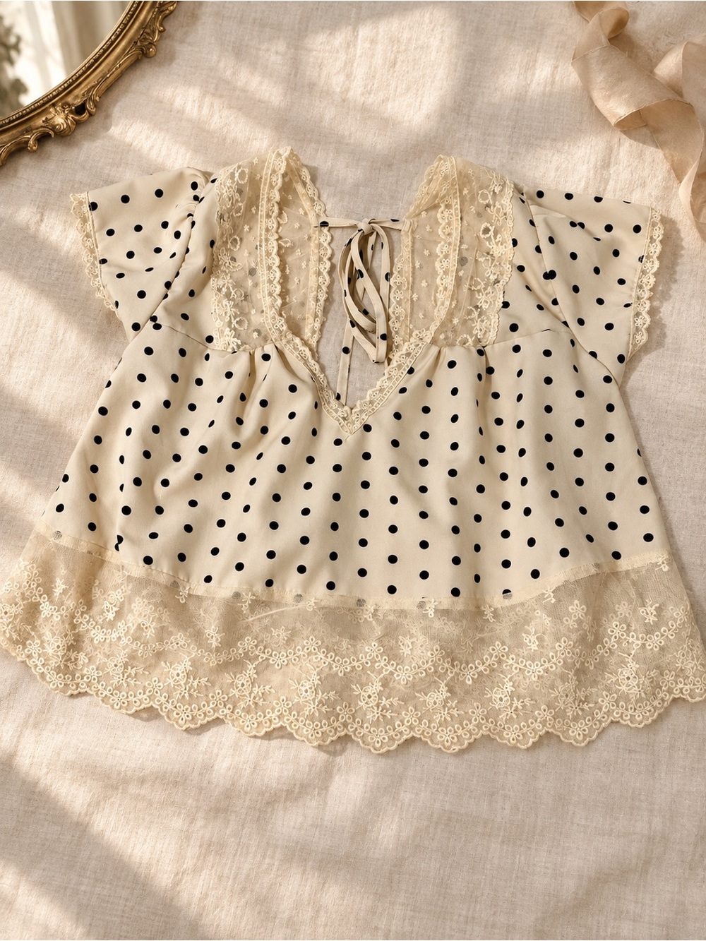 Lace-Trim Polka Dot V-Neck Top - Cream/Black